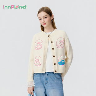 innplanet26春新款 女PP11KN801A 蓝精灵系列甜美蕾丝拼接针织开衫