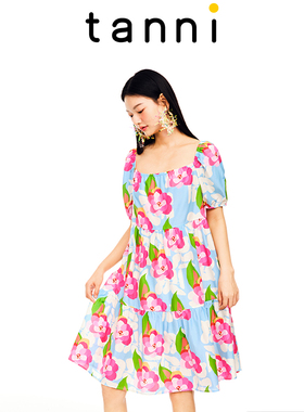 tanni新款度假花朵印花A字方领中长款连衣裙TL11DR017B