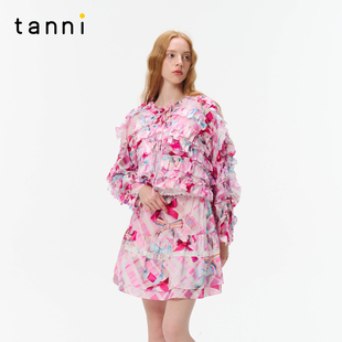 tanni幻影格纹全棉百搭复古甜美开衫 TO31BL203A 上衣半身裙套装