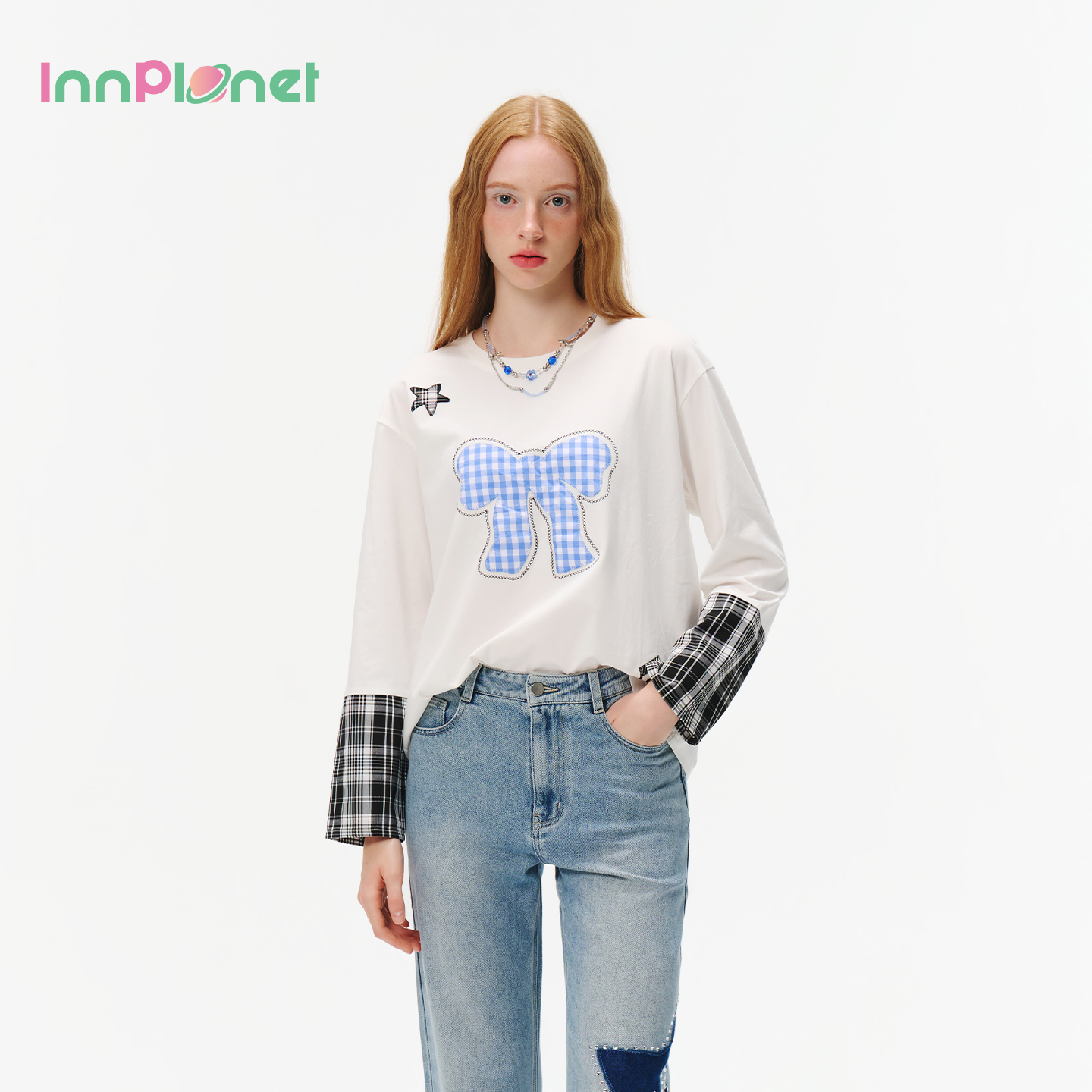 innplanet25秋新款简约百搭格纹拼接潮流长袖T恤上衣PO31TS011A