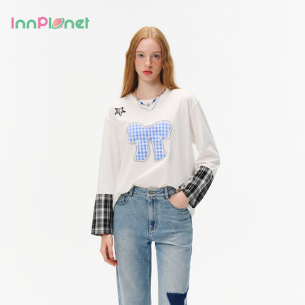innplanet25秋新款简约百搭格纹拼接潮流长袖T恤上衣PO31TS011A