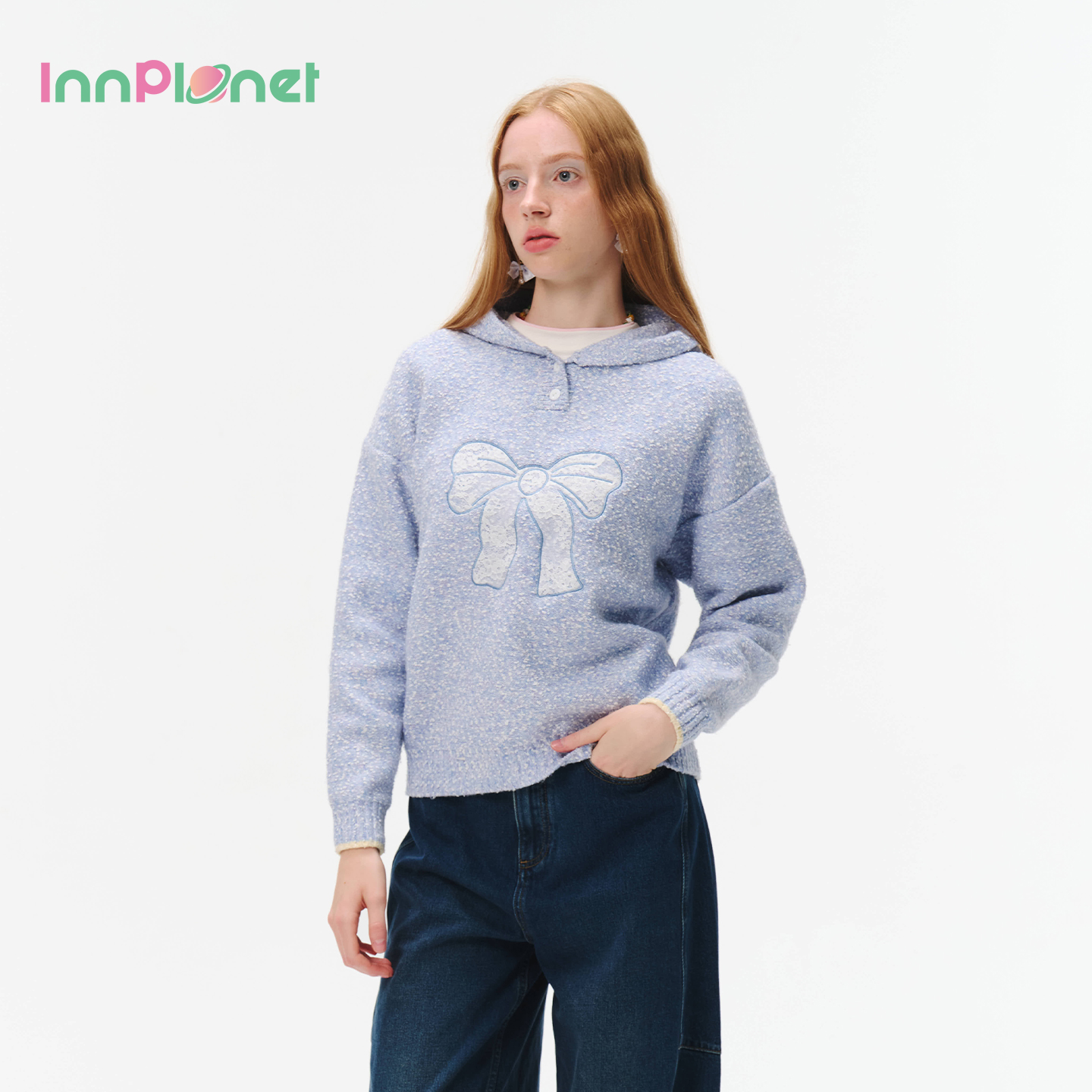 innplanet25秋冬新款甜美温柔风蝴蝶结针织连帽上衣PO31KN034A