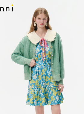 tanni25秋冬新款甜美少女风娃娃领绿色网纱针织开衫TO31KN022A