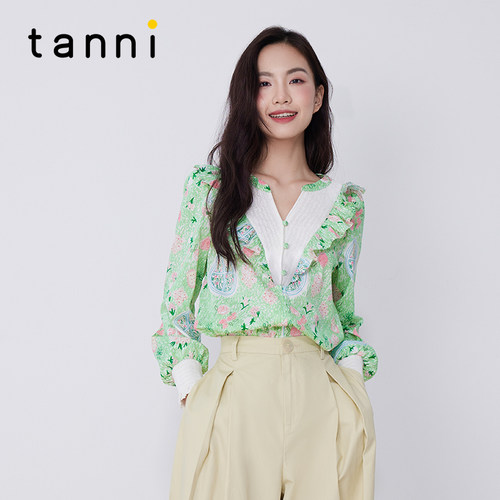 tanni田园氛围感V领木耳边衬衫
