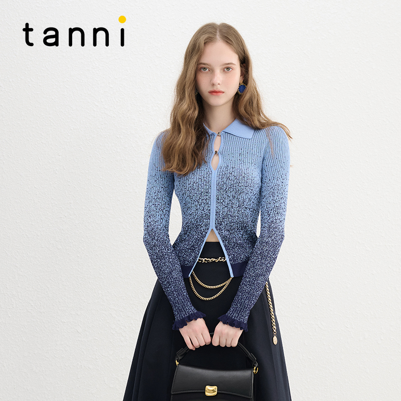 tanni渐变提花Polo领打底针织衫