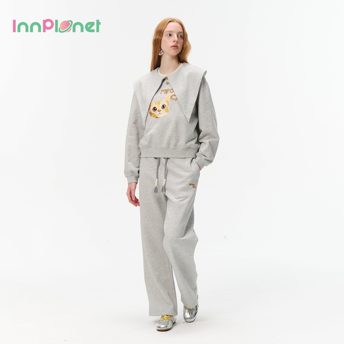 innplanet26春夏新款甜美可爱小猫刺绣卫衣长裤套装PO31HO042A
