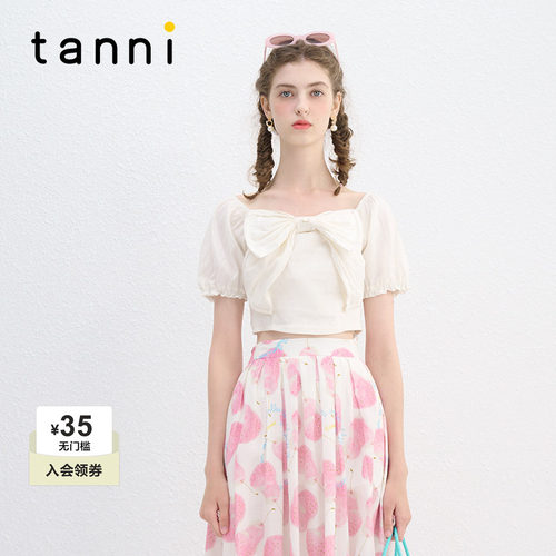 tanni蝴蝶结泡泡袖百搭短款上衣