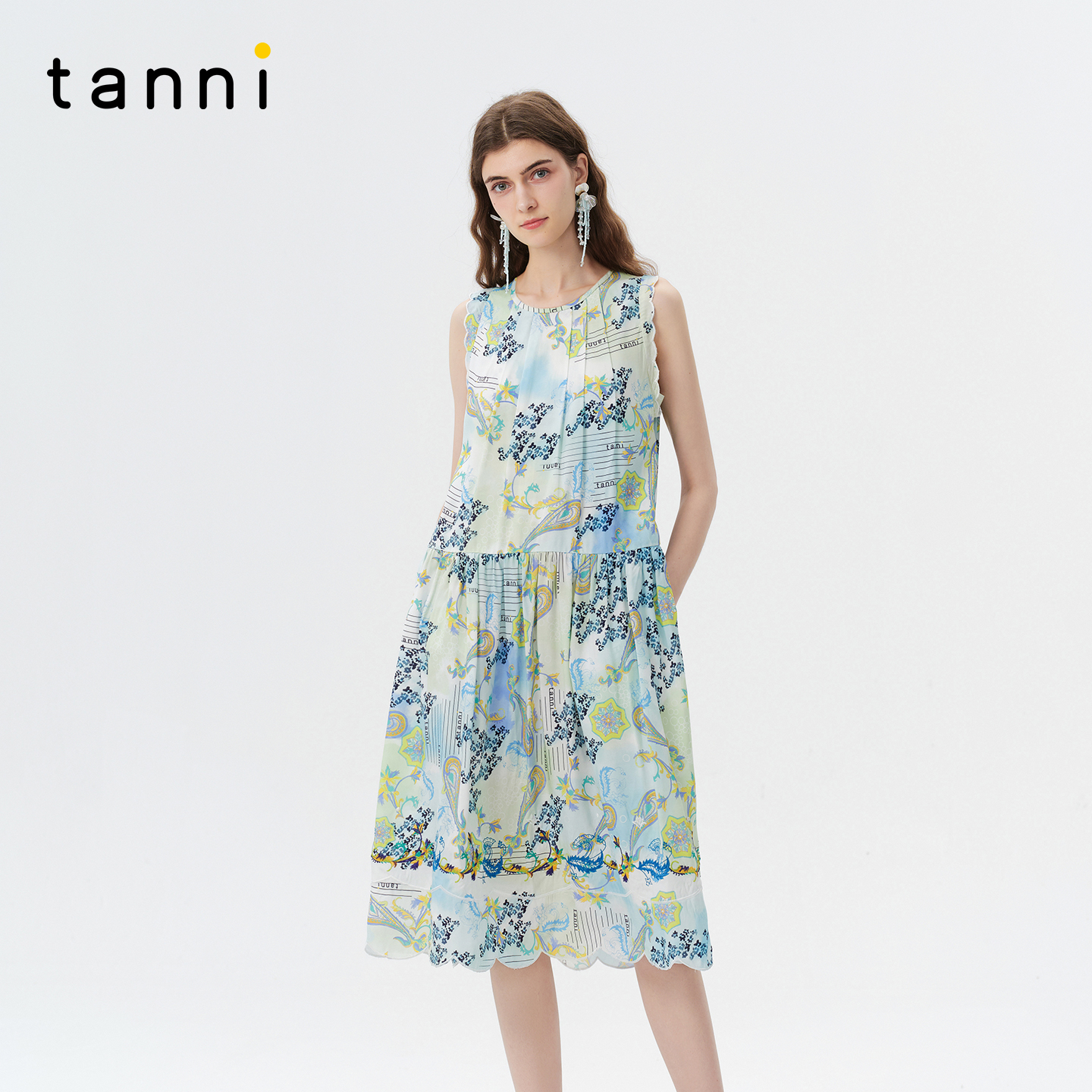 tanni印花度假无袖显瘦连衣裙