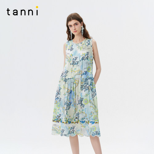tanni印花度假无袖显瘦连衣裙