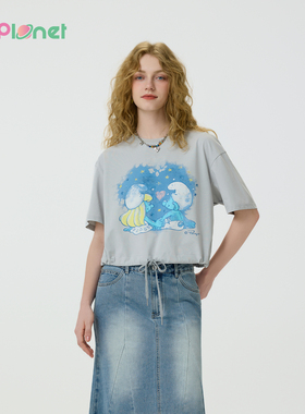 innplanet25秋新款蓝精灵联名水彩油墨星空钻饰印花T恤PO11TS844A