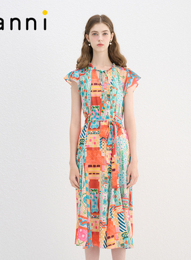 tanni异域风情流苏彩珠小飞袖A型显瘦印花连衣裙TN11DR102A