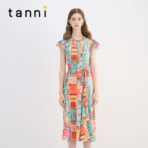 tanni小飞袖A型显瘦印花连衣裙