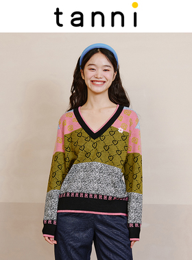 tanni秋冬新品H版拼接印花V领套头针织衫长袖毛衣TL31KN125A