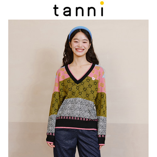 tanni长袖印花撞色针织衫