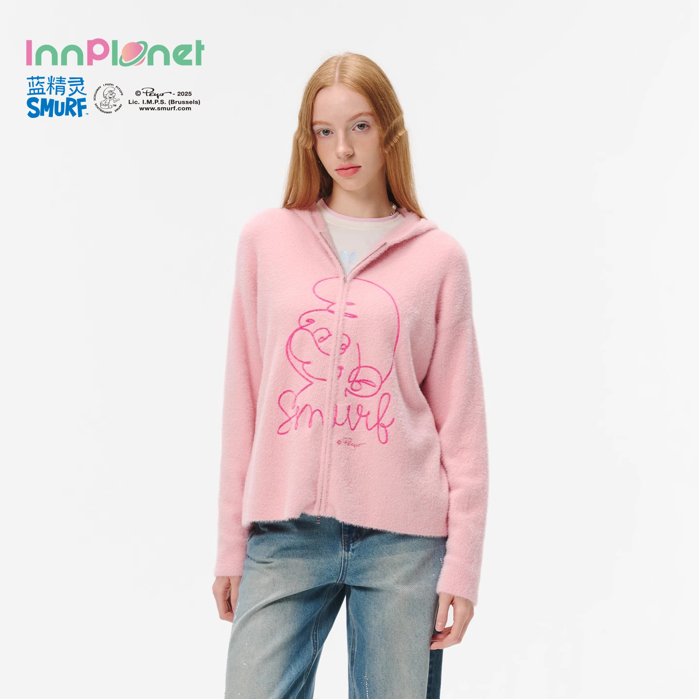 innplanet25秋冬新款蓝精灵系列甜美可爱刺绣针织开衫PO31KN824A