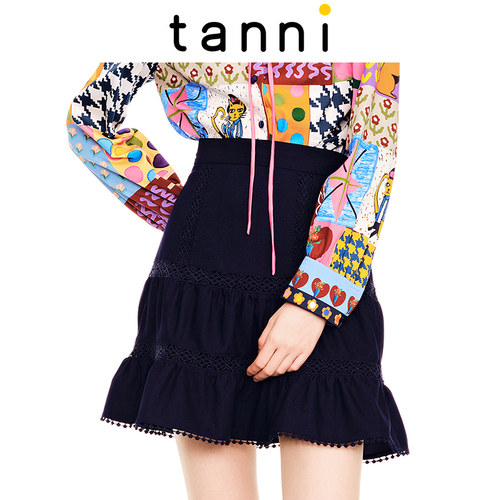 tanni百搭深色A字镂空设计感短裙