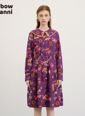 rainbow新款优雅小翻领设计感复古印花连衣裙RM31DR003A