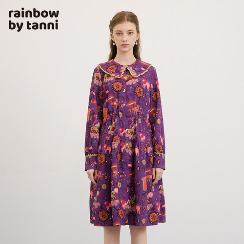 rainbow小翻领复古印花连衣裙