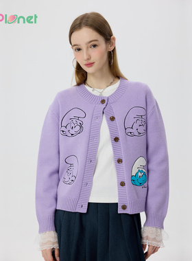 innplanet26春新款蓝精灵系列甜美蕾丝拼接针织开衫女PP11KN801B