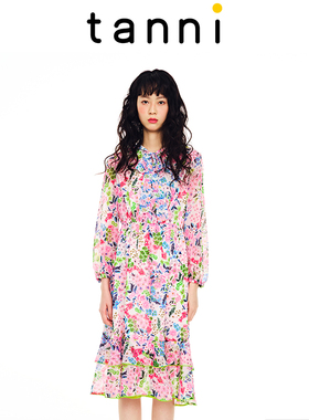 tanni商场同款花卉印花气质百搭通勤长袖收腰连衣裙TL11DR122A