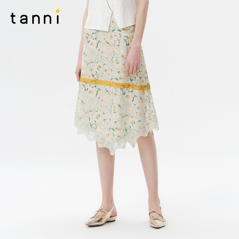 tanni印花蕾丝拼接显瘦半身裙