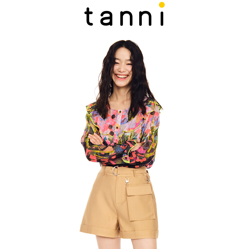 tanni商场同款印花H版圆领衬衣荷叶边雪纺长袖上衣TL11SH039A