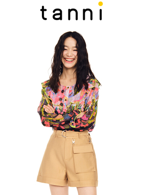 tanni商场同款印花H版圆领衬衣荷叶边雪纺长袖上衣TL11SH039A