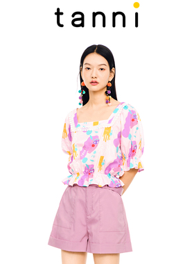 tanni新款纯棉时尚百搭方领短款收腰上衣女TL11BL061A