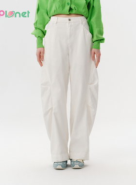 innplanet25夏新款宽松休闲百搭白色弯刀香蕉裤牛仔裤PO11DE042A