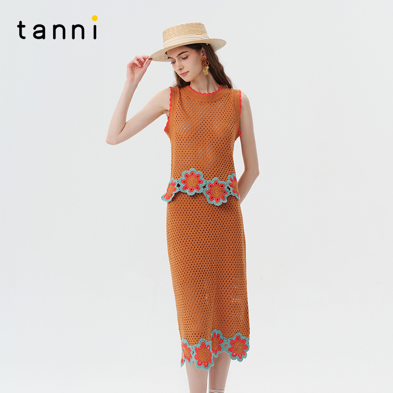 tanni无袖钩花针织背心半身裙