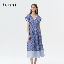 tanni25夏新款复古蓝色格纹V领蕾丝拼接长款显瘦连衣裙TO11DR024A