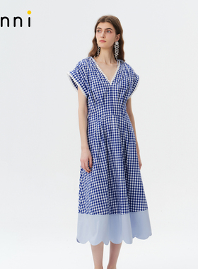 tanni25秋新款复古蓝色格纹V领蕾丝拼接长款显瘦连衣裙TO11DR024A