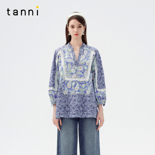 tanni25春新款 上衣TO11BL011A 文艺优雅复古浪漫腰果花纯棉泡泡袖