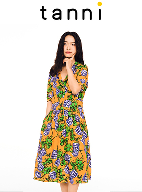 tanni25秋通勤休闲日常花色小V领中长款连衣裙印花百搭TL11DR027A