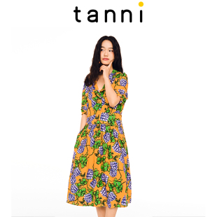 tanni通勤休闲日常花色小V领中长款 连衣裙印花百搭TL11DR027A