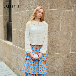 tanni25秋冬款 浪漫可爱甜美羽毛纱蕾丝娃娃领打底上衣TO31BL201A