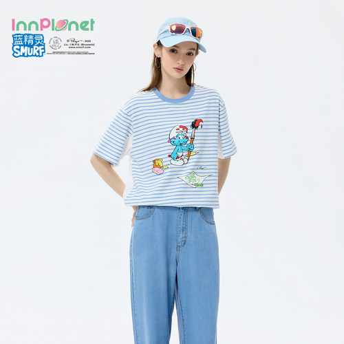 innplanet26夏季蓝精灵联名摩登水手风蓝白条纹纯棉印花短袖T恤女