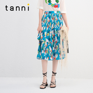 tanni度假风优雅气质清新文艺田园风印花百搭半身裙TN11SK801B