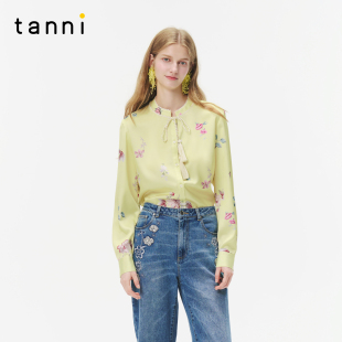 tanni新款 上衣TO31BL152A 温柔淑女通勤职场风系带花卉印花衬衫
