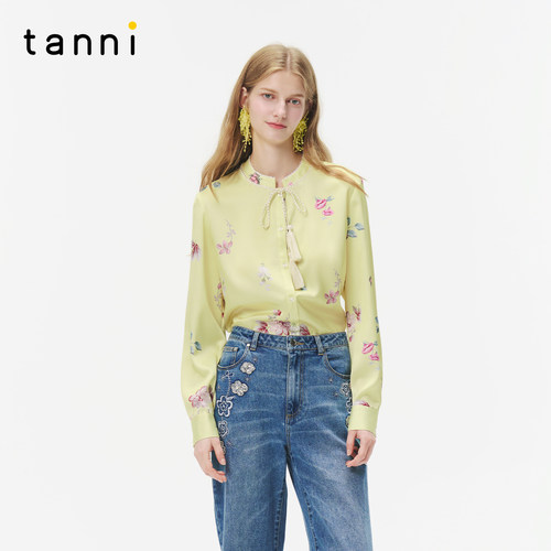 tanni淑女风印花系带衬衫