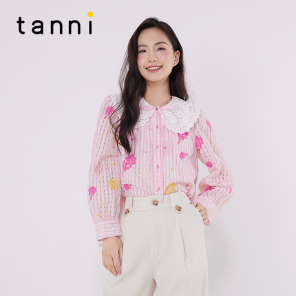 tanni新款简约宽松舒适透气网纱宫廷风甜美衬衫TM11SH087A