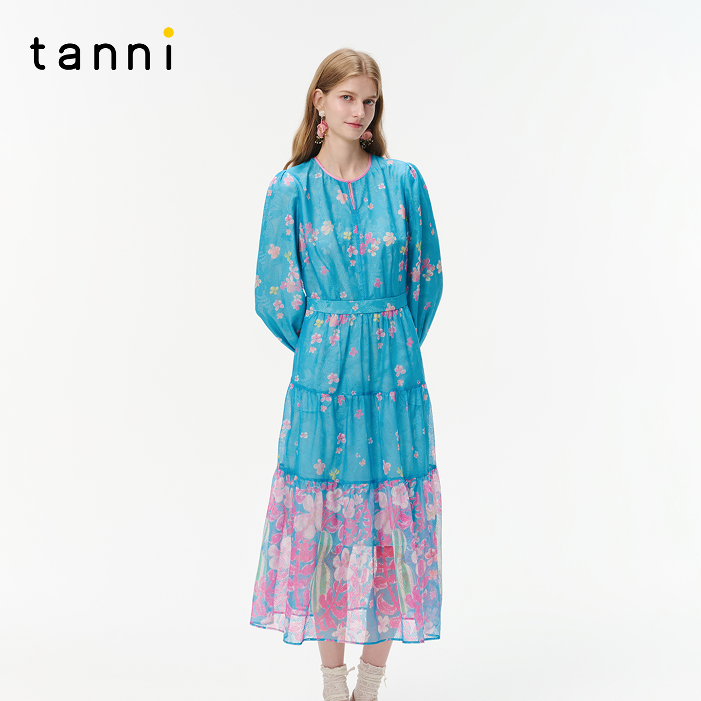 tanni25秋冬新款优雅收腰蕾丝网纱中式印花长袖连衣裙TO31DR015A