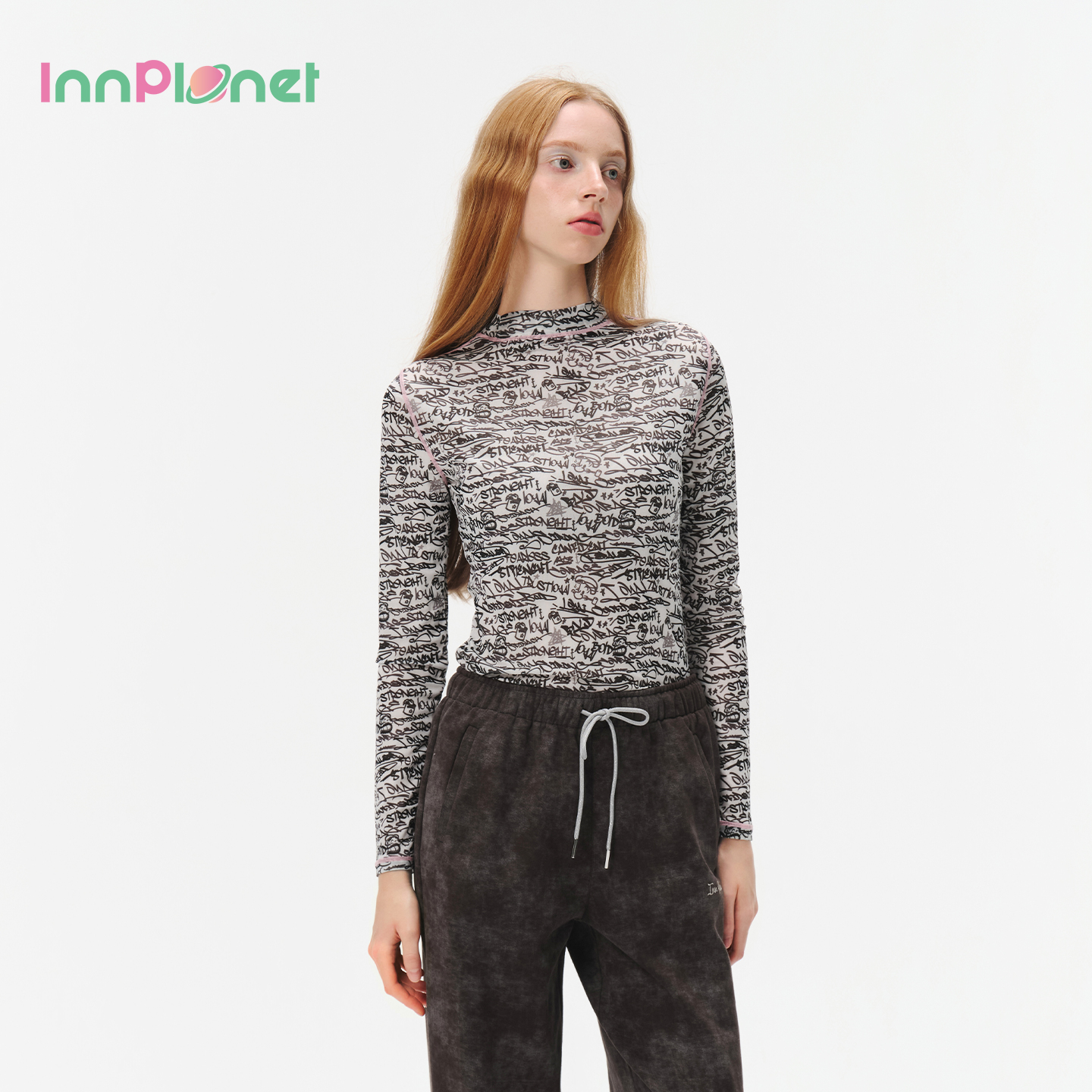 innplanet满印网纱打底上衣