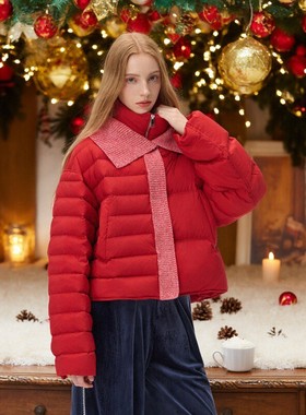 tanni25冬新款圣诞氛围感针织拼接立领红色短款羽绒服TO31DJ017A