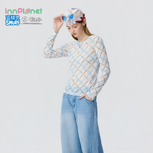 innplanet26夏季新款蓝精灵联名软核街头风印花网纱上衣打底衫女