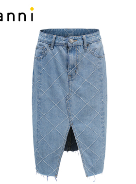 tanni新品开叉显瘦通勤百搭复古蓝色牛仔半身裙中长裙TM11SK607A