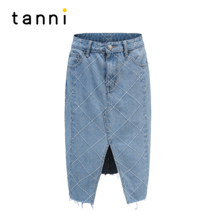 tanni新品 开叉显瘦通勤百搭复古蓝色牛仔半身裙中长裙TM11SK607A
