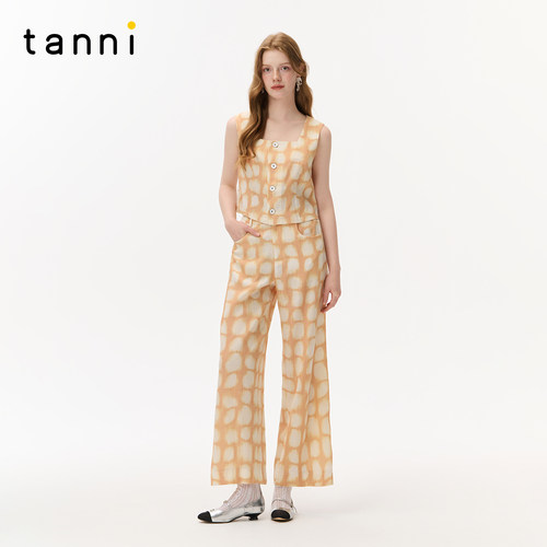 tanni2026夏季新款英伦复古方领格纹马甲阔腿裤套装女TO31BL400A