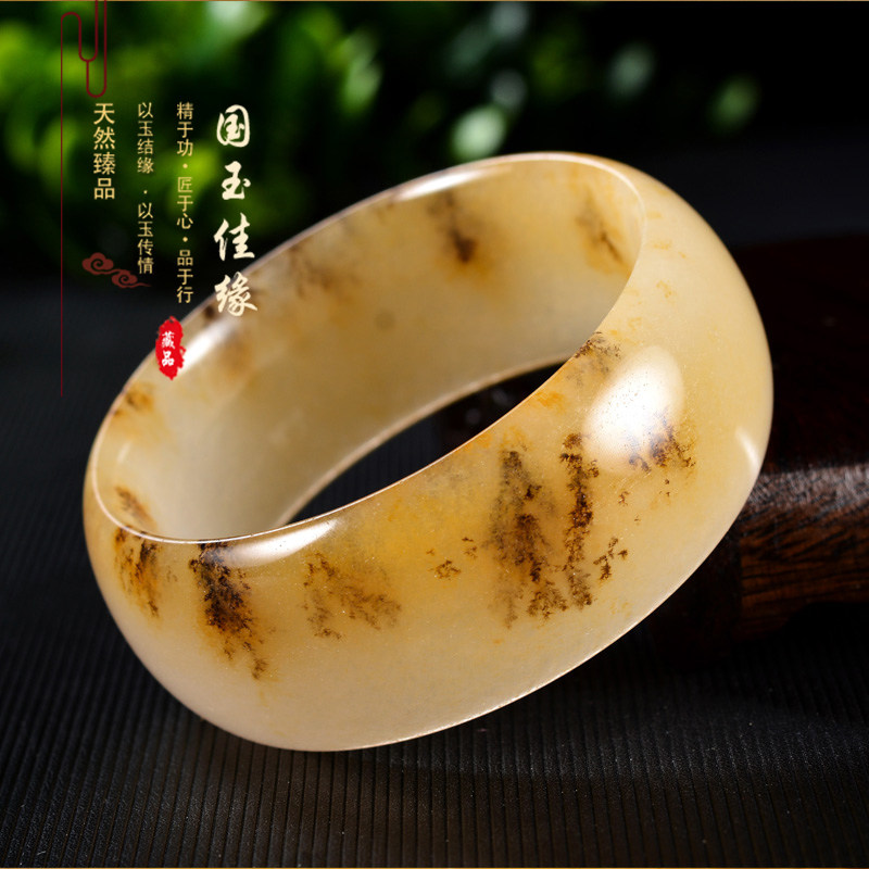 新疆天然金丝玉手镯草花宝石光料镯子戈壁玉水草花精品宽手镯