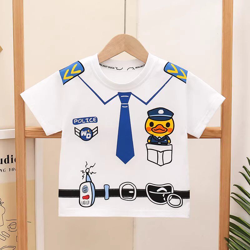 小黄鸭儿童装夏季2025新款男童短袖t恤纯棉男孩半袖卡通警官上衣